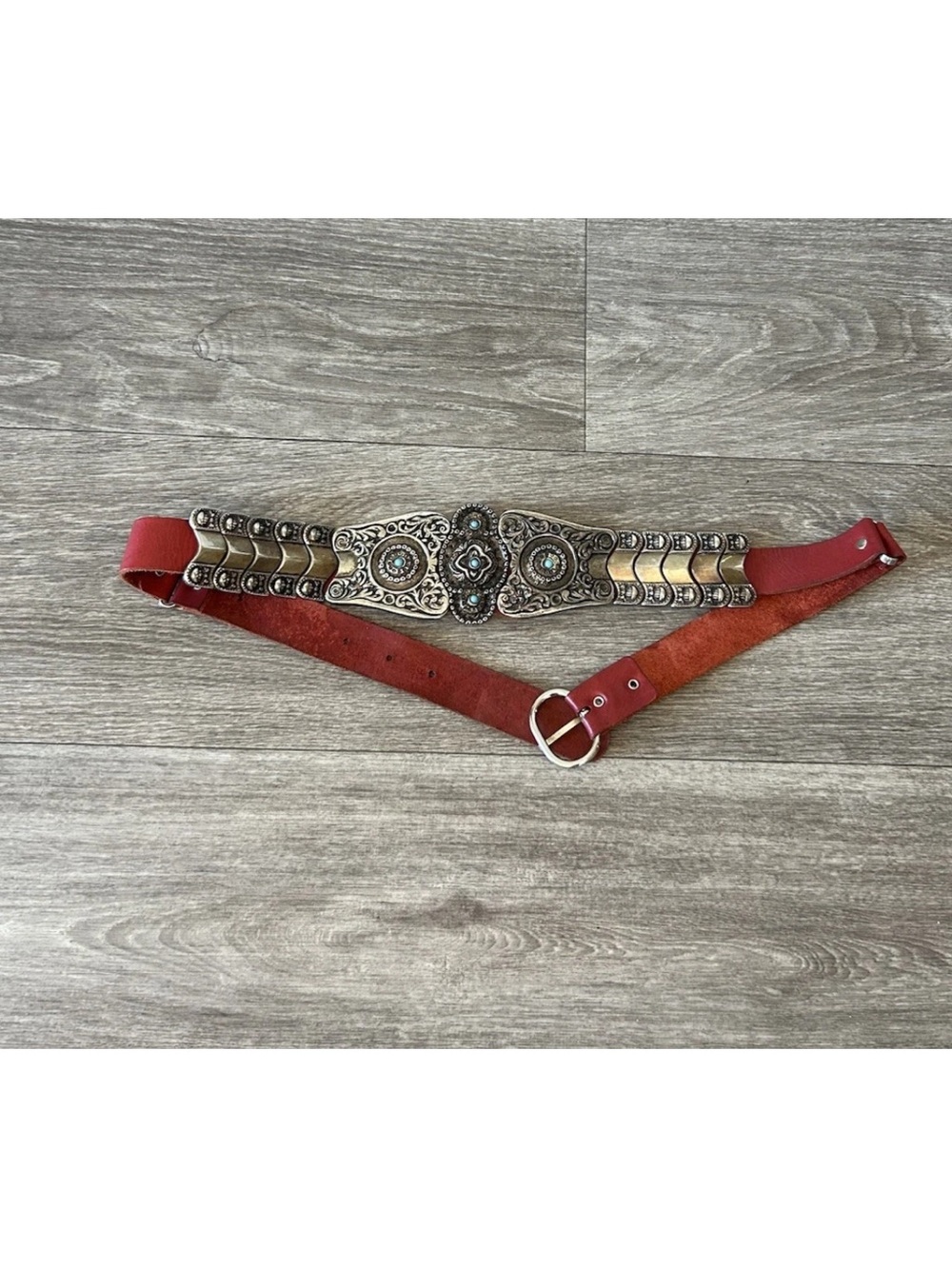 Vintage Red Leather Concho Belt Turquoise Silver Tone Western Boho 36.5” S/M - Picture 15 of 16